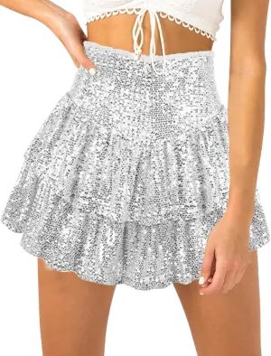 FEOYA Women Sequins Ruffle Skirt High Waist Glitter Flowy Skirt Layered Shiny Mini Skirt Built in Shorts