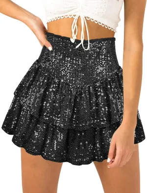 FEOYA Women Sequins Ruffle Skirt High Waist Glitter Flowy Skirt Layered Shiny Mini Skirt Built in Shorts