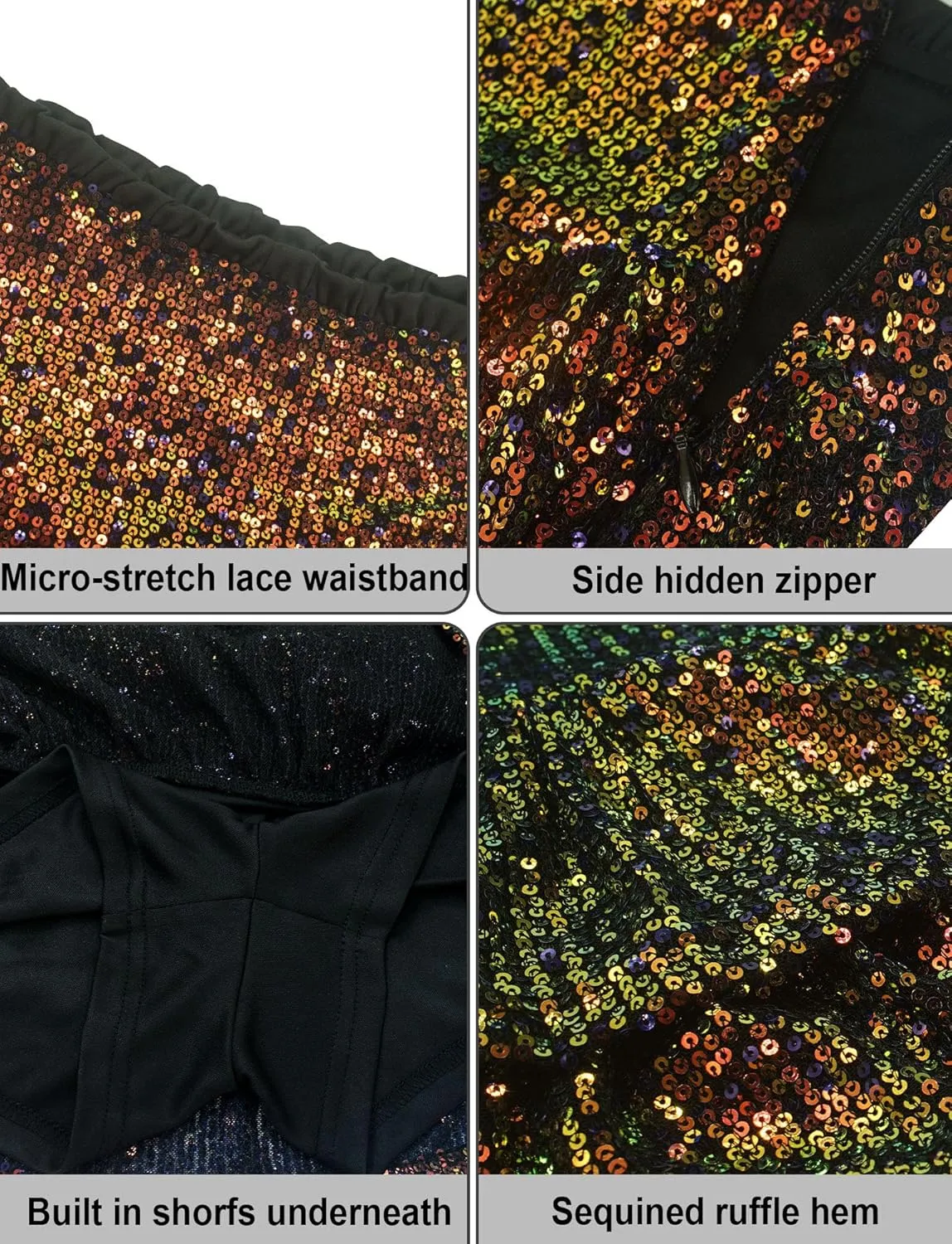 FEOYA Women Sequins Ruffle Skirt High Waist Glitter Flowy Skirt Layered Shiny Mini Skirt Built in Shorts