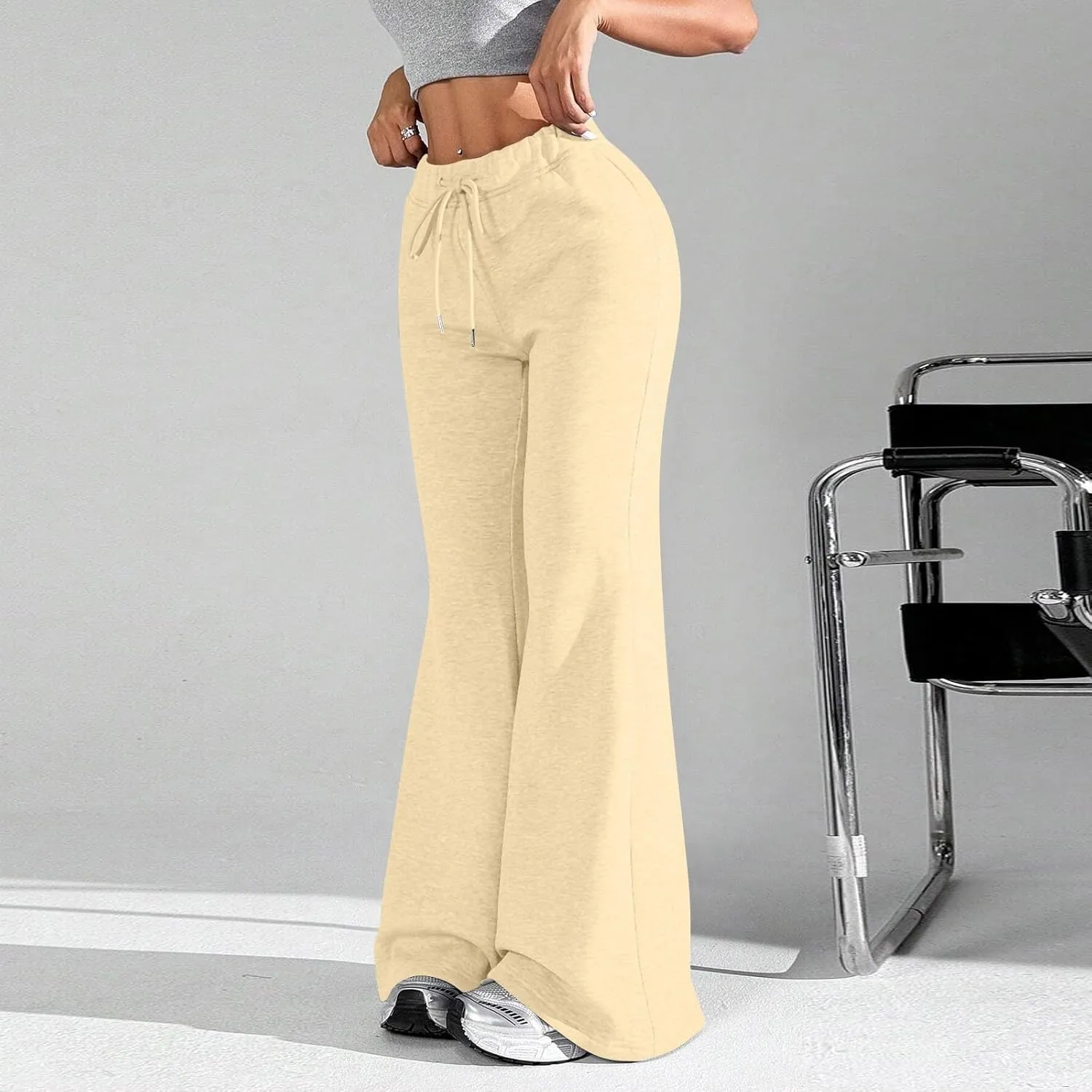 Flare Sweatpants Women Fleece Lined Joggers Wide Leg Lounge Pants with Pockets Drawstring Bell Bottoms Bootcut