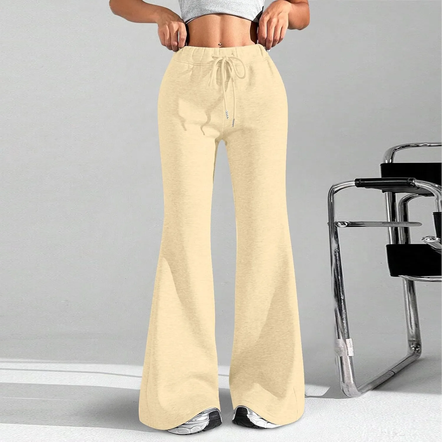 Flare Sweatpants Women Fleece Lined Joggers Wide Leg Lounge Pants with Pockets Drawstring Bell Bottoms Bootcut