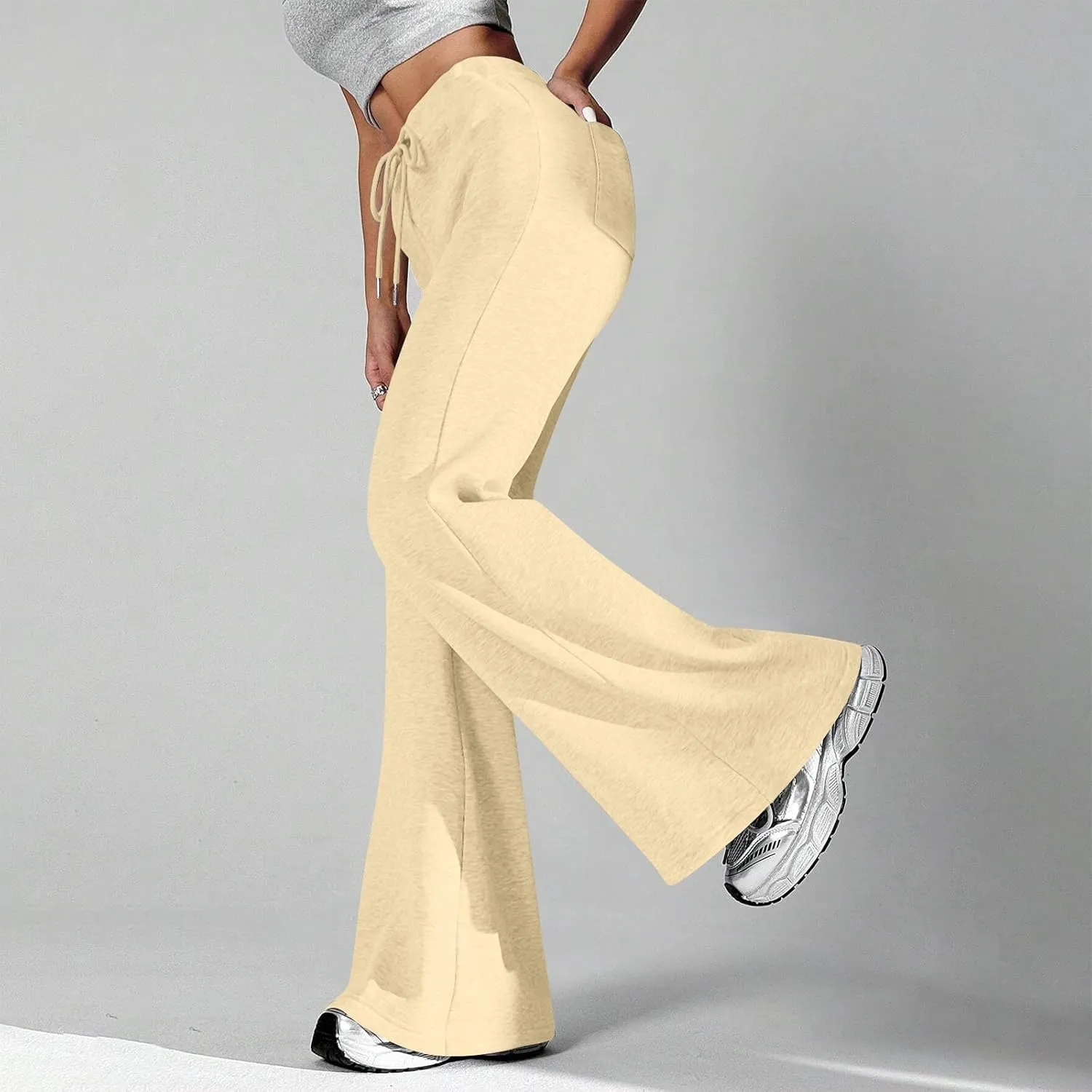 Flare Sweatpants Women Fleece Lined Joggers Wide Leg Lounge Pants with Pockets Drawstring Bell Bottoms Bootcut