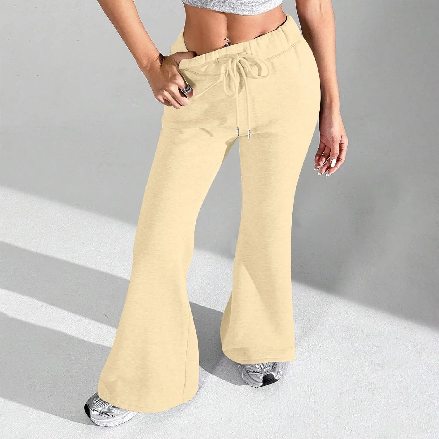 Flare Sweatpants Women Fleece Lined Joggers Wide Leg Lounge Pants with Pockets Drawstring Bell Bottoms Bootcut