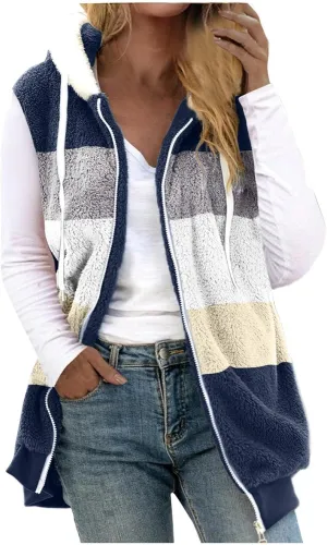 Fleece Vests For Women with Zipper Casual Sleeveless Hoodies Sherpa Vests Winter Color Block Jackets