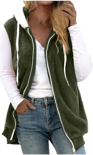 Fleece Vests For Women with Zipper Casual Sleeveless Hoodies Sherpa Vests Winter Color Block Jackets