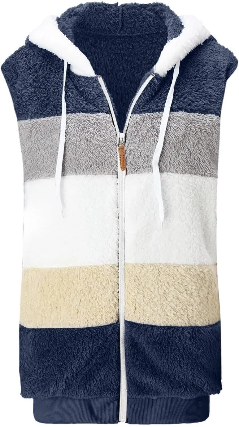 Fleece Vests For Women with Zipper Casual Sleeveless Hoodies Sherpa Vests Winter Color Block Jackets