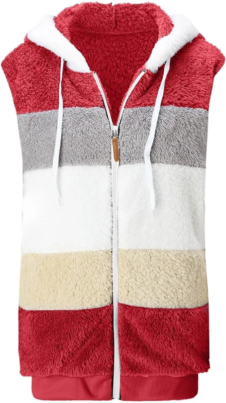 Fleece Vests For Women with Zipper Casual Sleeveless Hoodies Sherpa Vests Winter Color Block Jackets