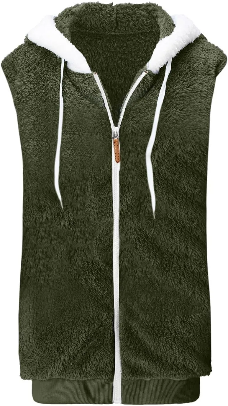 Fleece Vests For Women with Zipper Casual Sleeveless Hoodies Sherpa Vests Winter Color Block Jackets