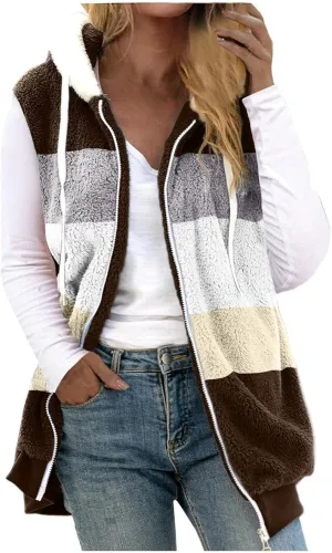 Fleece Vests For Women with Zipper Casual Sleeveless Hoodies Sherpa Vests Winter Color Block Jackets