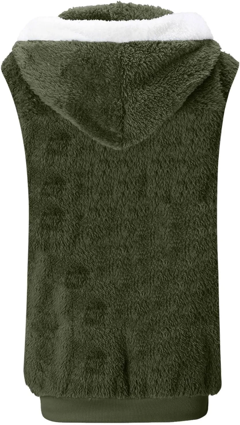 Fleece Vests For Women with Zipper Casual Sleeveless Hoodies Sherpa Vests Winter Color Block Jackets