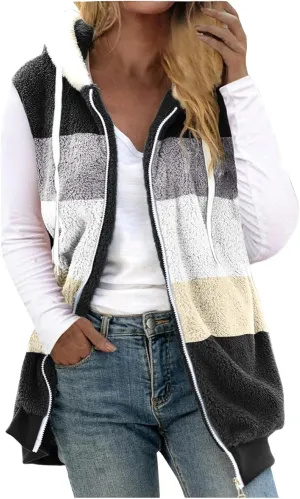 Fleece Vests For Women with Zipper Casual Sleeveless Hoodies Sherpa Vests Winter Color Block Jackets