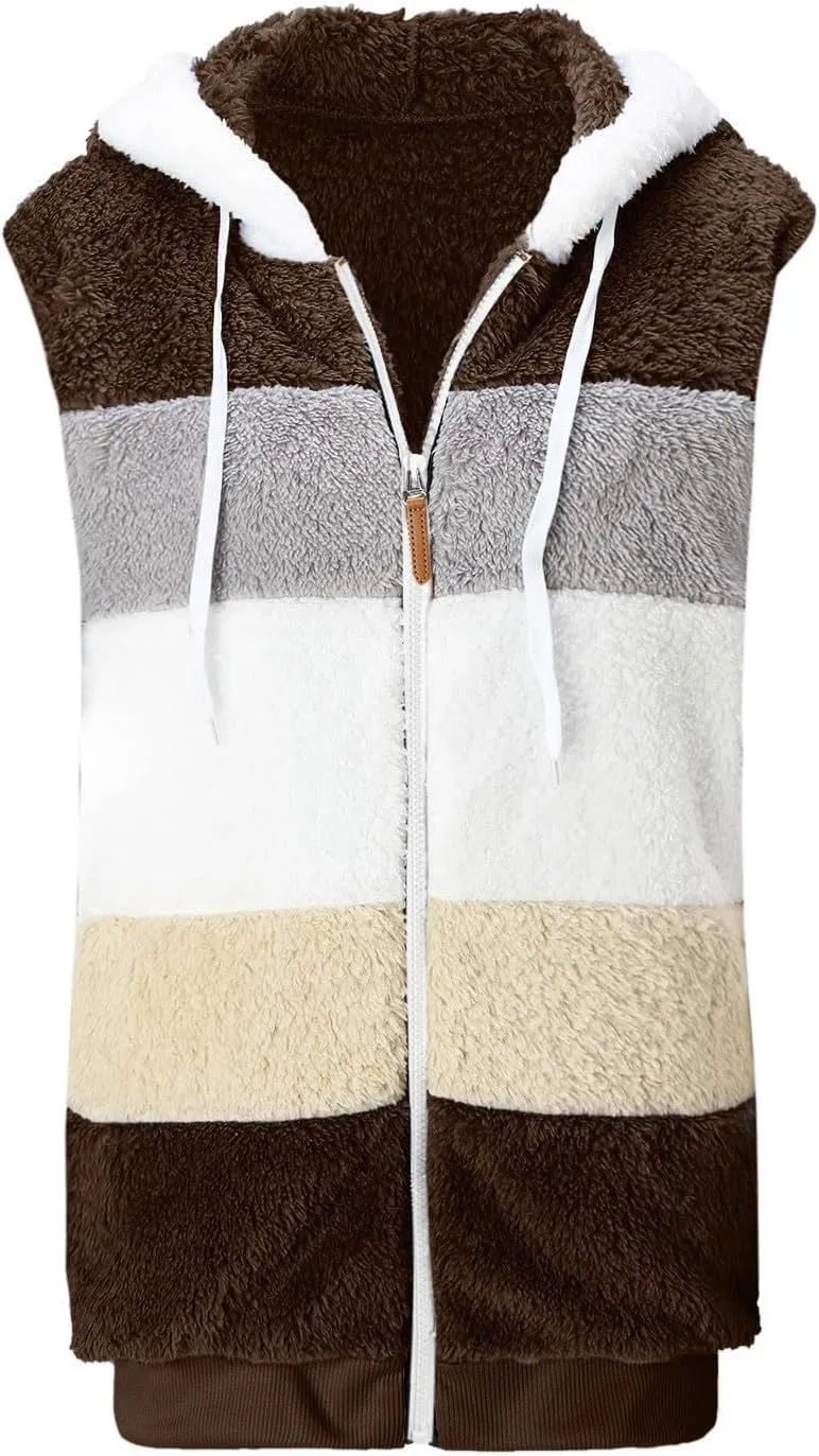 Fleece Vests For Women with Zipper Casual Sleeveless Hoodies Sherpa Vests Winter Color Block Jackets
