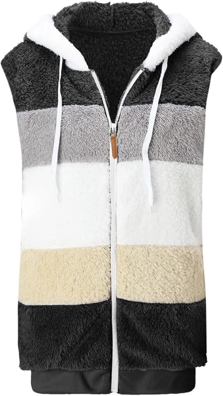 Fleece Vests For Women with Zipper Casual Sleeveless Hoodies Sherpa Vests Winter Color Block Jackets