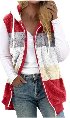 Fleece Vests For Women with Zipper Casual Sleeveless Hoodies Sherpa Vests Winter Color Block Jackets