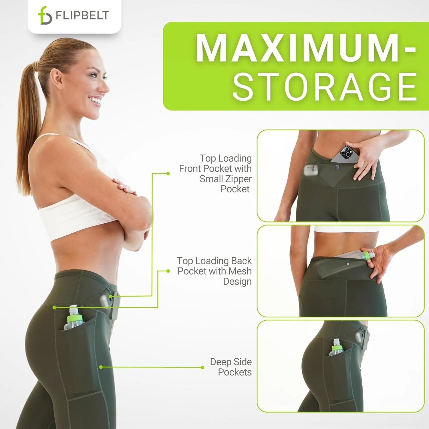 FlipBelt Women’s Air Legging – Running Leggings with Pockets, Moisture Wicking, Mid Weight Compression – USA Small Business