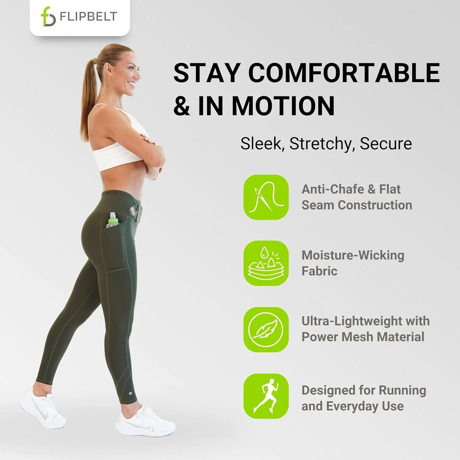 FlipBelt Women’s Air Legging – Running Leggings with Pockets, Moisture Wicking, Mid Weight Compression – USA Small Business