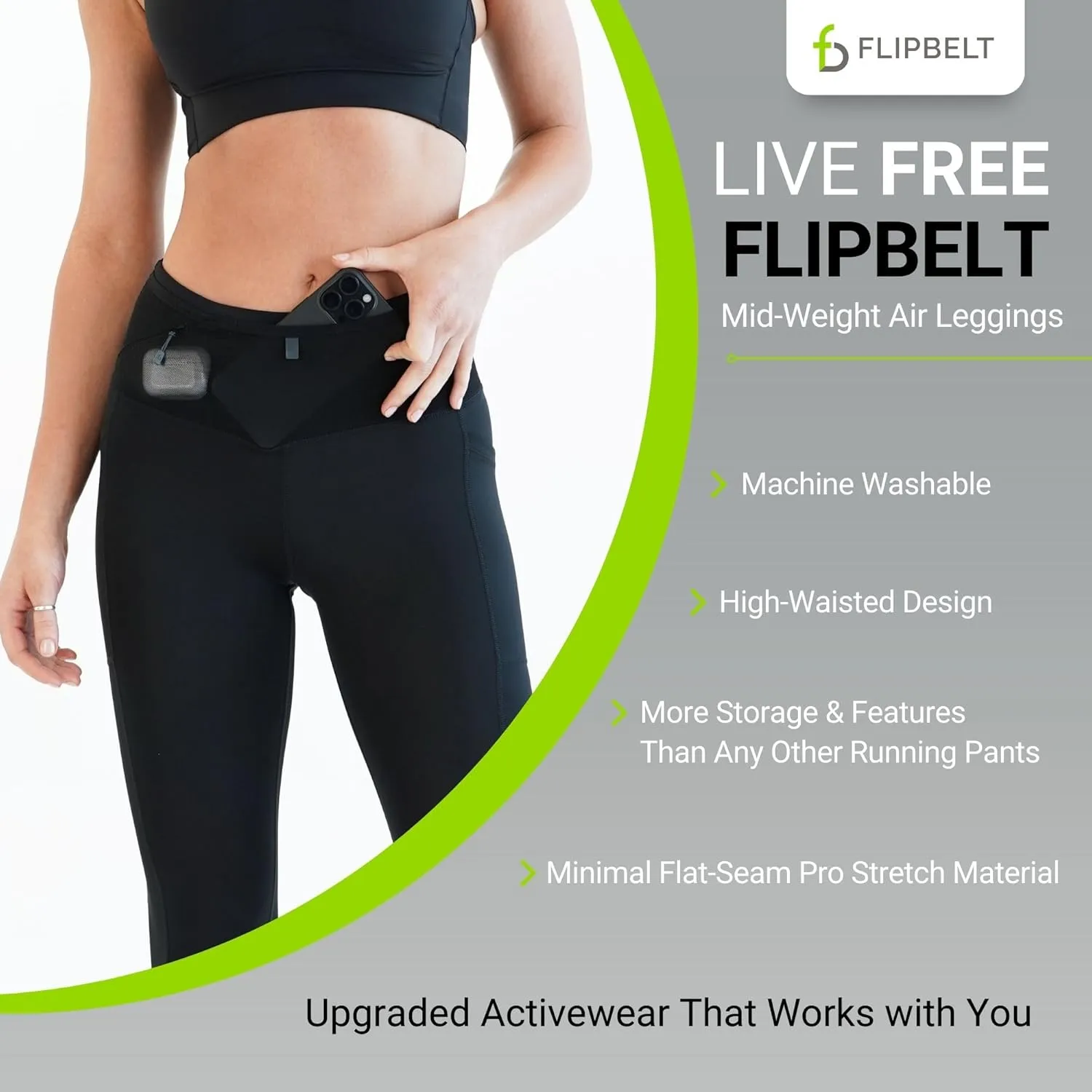 FlipBelt Women’s Air Legging – Running Leggings with Pockets, Moisture Wicking, Mid Weight Compression – USA Small Business