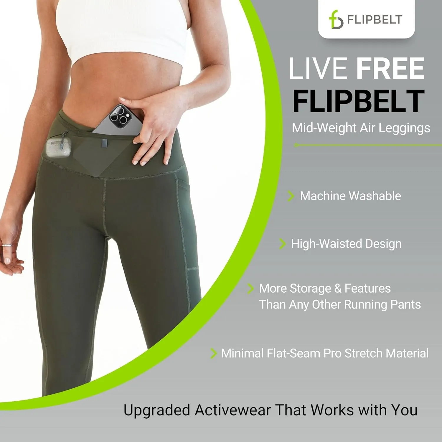 FlipBelt Women’s Air Legging – Running Leggings with Pockets, Moisture Wicking, Mid Weight Compression – USA Small Business