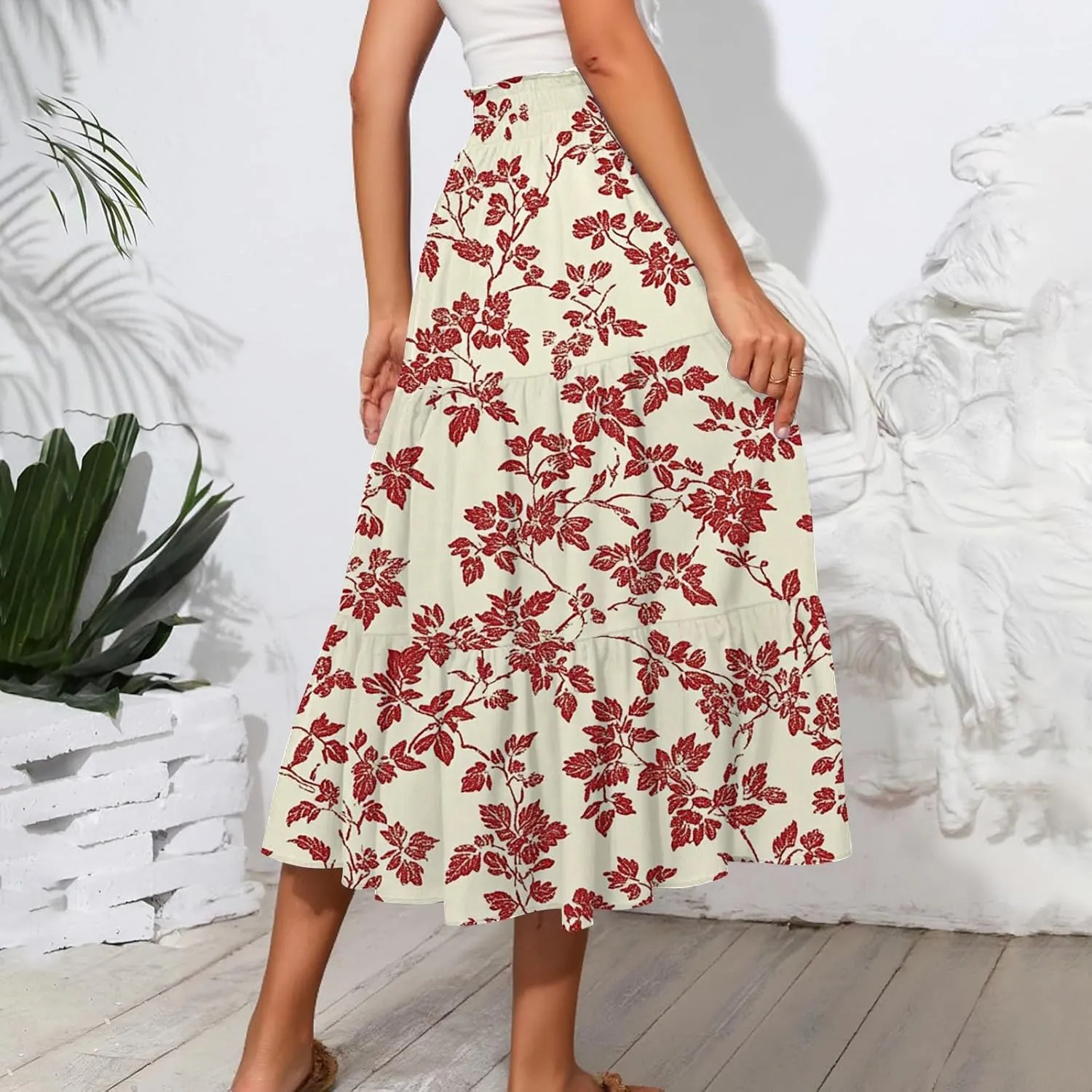 Floral Midi Skirts for Women Summer Boho Smocked High Waisted Skirt Vacation A-Line Long Flowy Skirts with Pockets