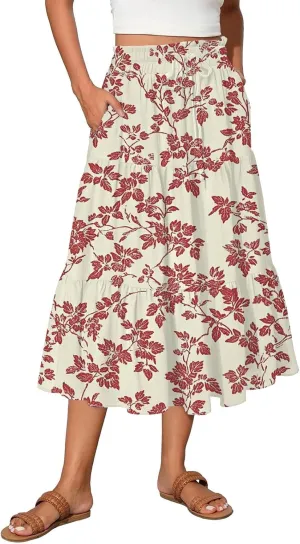 Floral Midi Skirts for Women Summer Boho Smocked High Waisted Skirt Vacation A-Line Long Flowy Skirts with Pockets