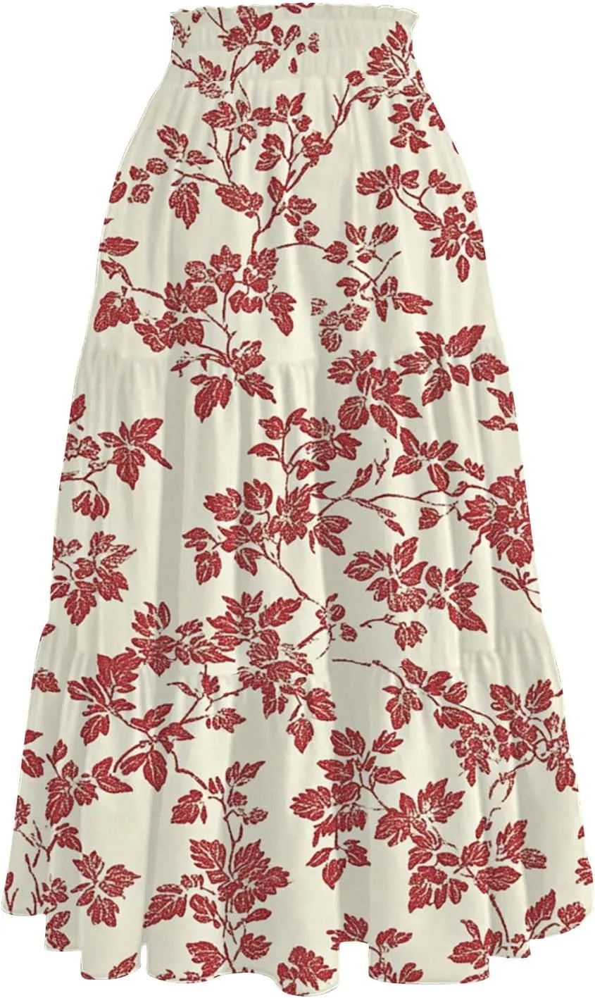 Floral Midi Skirts for Women Summer Boho Smocked High Waisted Skirt Vacation A-Line Long Flowy Skirts with Pockets