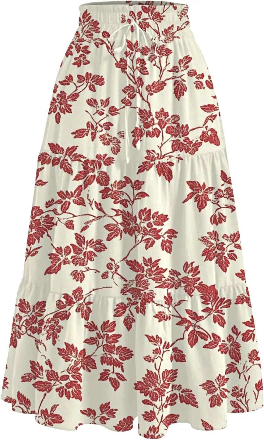 Floral Midi Skirts for Women Summer Boho Smocked High Waisted Skirt Vacation A-Line Long Flowy Skirts with Pockets