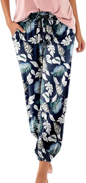 Floral Print Joggers for Women Elastic Waist Straight Leg Trousers Drawstring Casual Summer Loose Fit Sweatpants