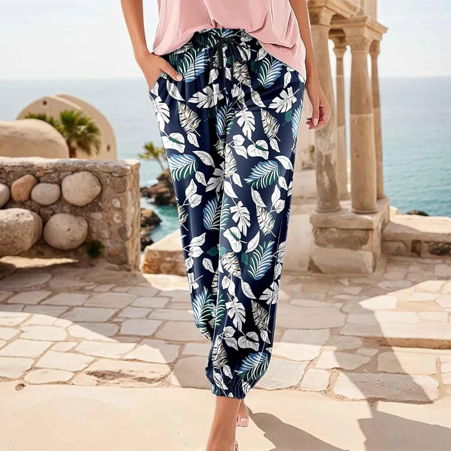Floral Print Joggers for Women Elastic Waist Straight Leg Trousers Drawstring Casual Summer Loose Fit Sweatpants