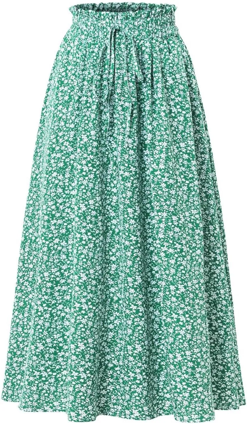 Floral Skirts for Women Midi Length Drawstring High Waisted Flowy Maxi Skirt Lightweight A Line Midi Skorts Trendy