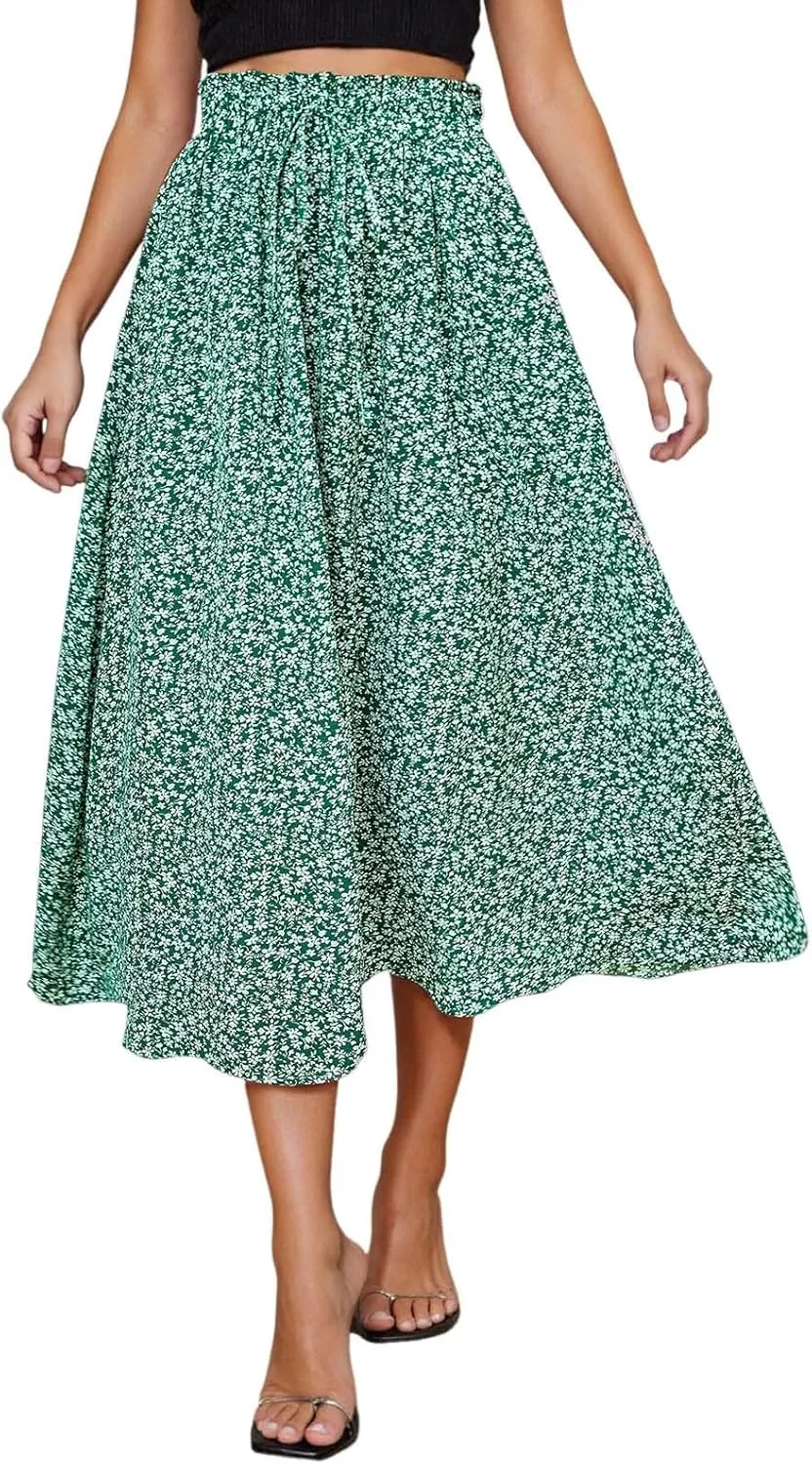 Floral Skirts for Women Midi Length Drawstring High Waisted Flowy Maxi Skirt Lightweight A Line Midi Skorts Trendy