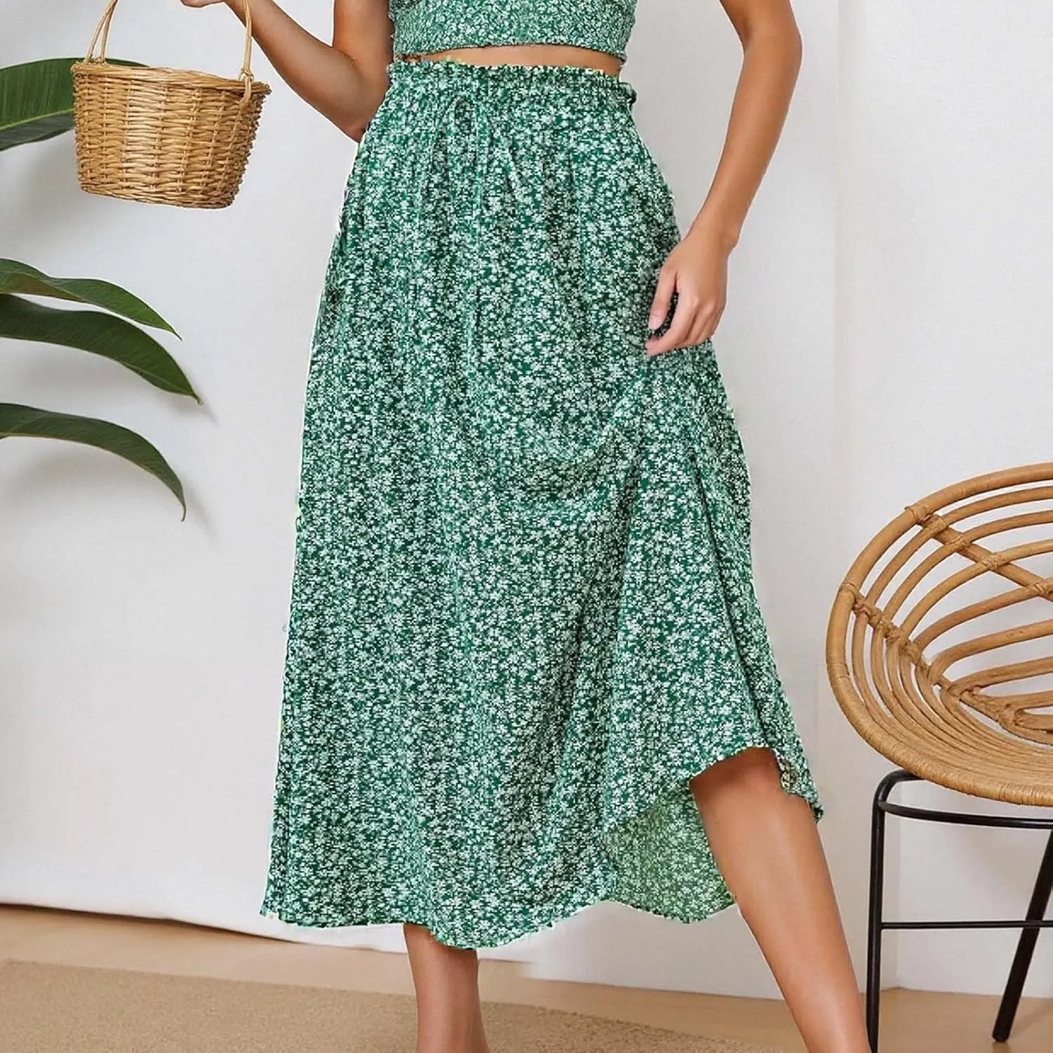 Floral Skirts for Women Midi Length Drawstring High Waisted Flowy Maxi Skirt Lightweight A Line Midi Skorts Trendy