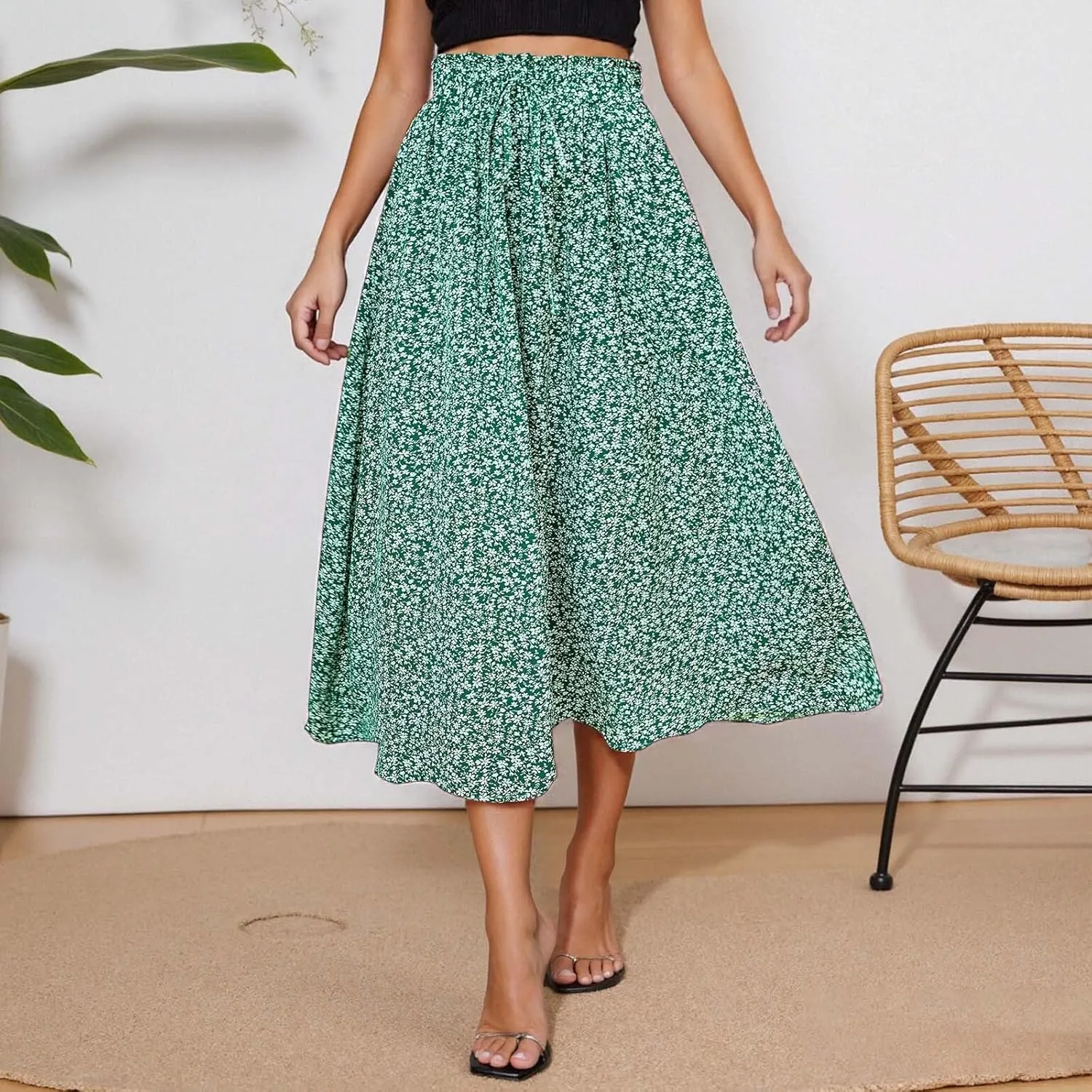 Floral Skirts for Women Midi Length Drawstring High Waisted Flowy Maxi Skirt Lightweight A Line Midi Skorts Trendy