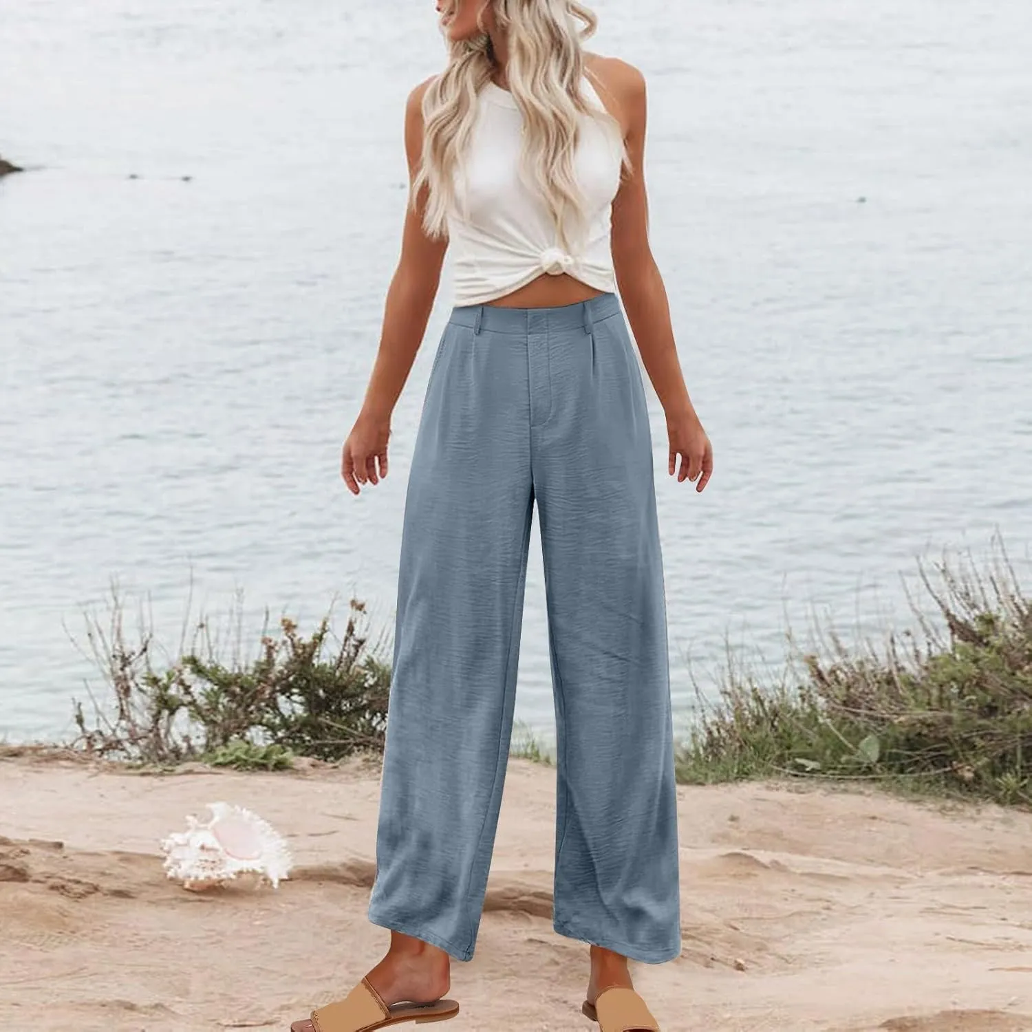 Flowy Pants for Women Wide Leg Casual Pants Comfy Linen Pants Loose Summer Pants Dressy Palazzo Pants Trousers