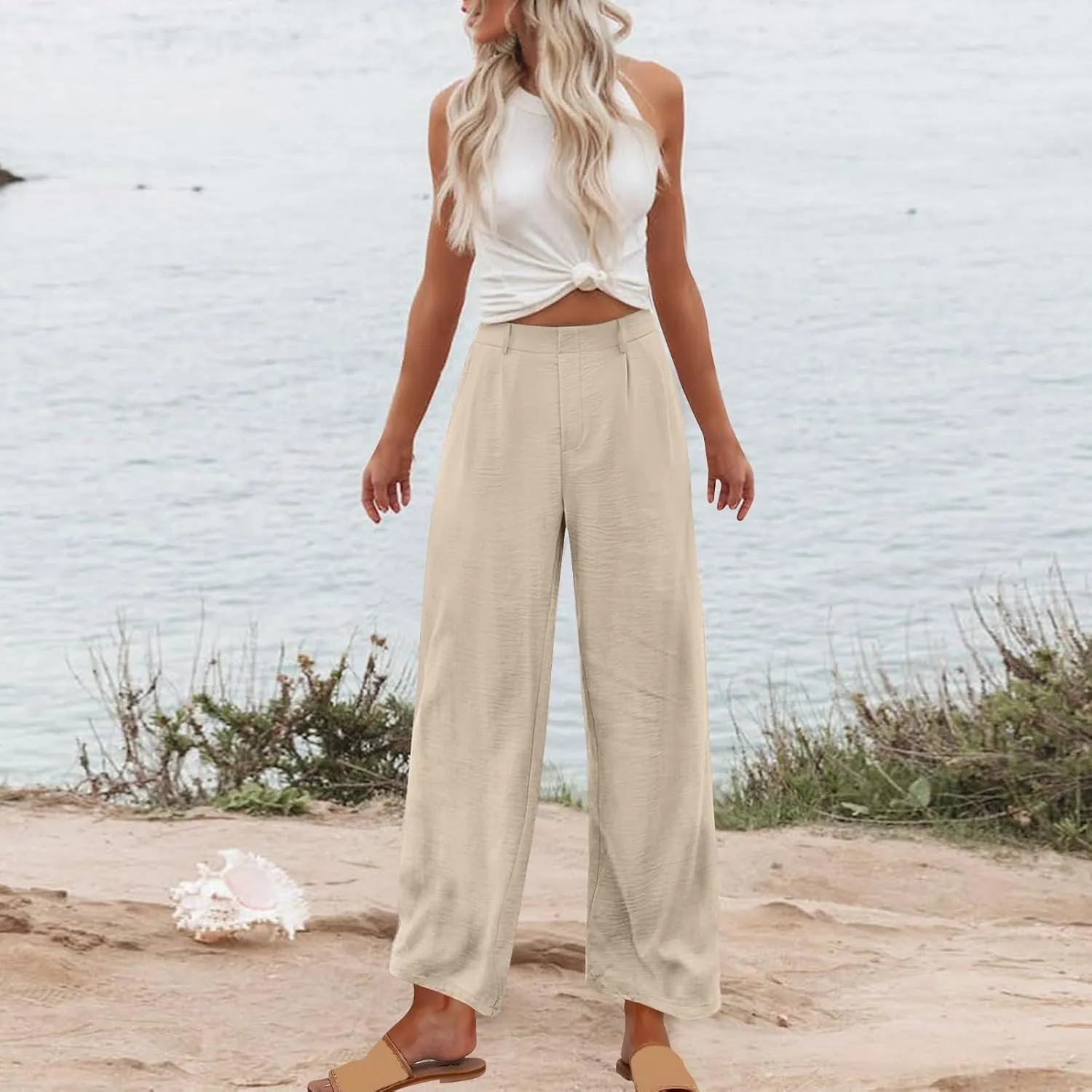 Flowy Pants for Women Wide Leg Casual Pants Comfy Linen Pants Loose Summer Pants Dressy Palazzo Pants Trousers