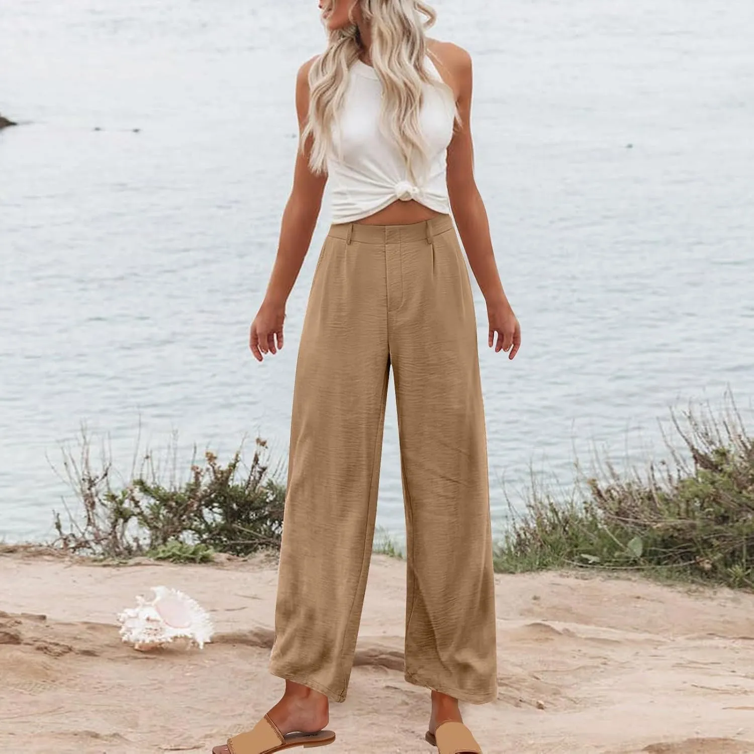 Flowy Pants for Women Wide Leg Casual Pants Comfy Linen Pants Loose Summer Pants Dressy Palazzo Pants Trousers