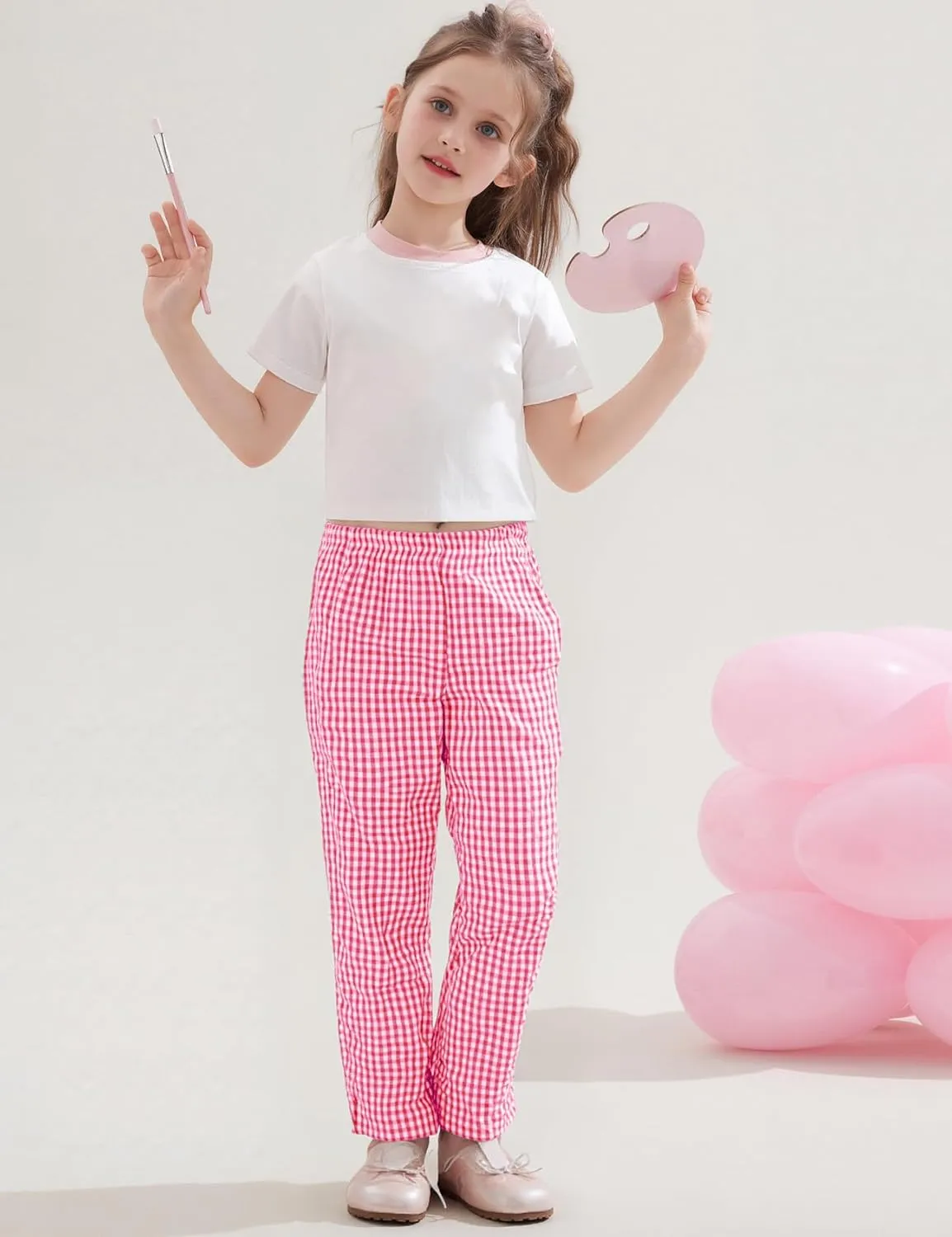 Flygo Girls Plaid Wide Leg Pants Gingham Elastic Waist Trousers Cute Print Bottoms with Slant Pockets