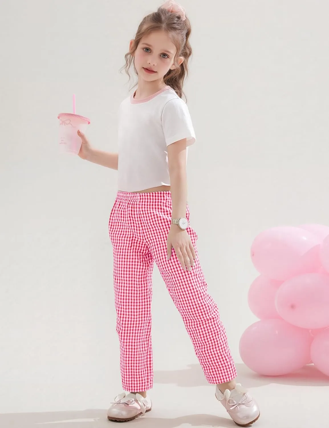Flygo Girls Plaid Wide Leg Pants Gingham Elastic Waist Trousers Cute Print Bottoms with Slant Pockets