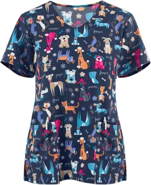 FONMA Scrub Tops Women Summer Fashion Printed Short Sleeve V Neck Nurse Uniform Shirt Loose Fit Workout Blouse with Pockets