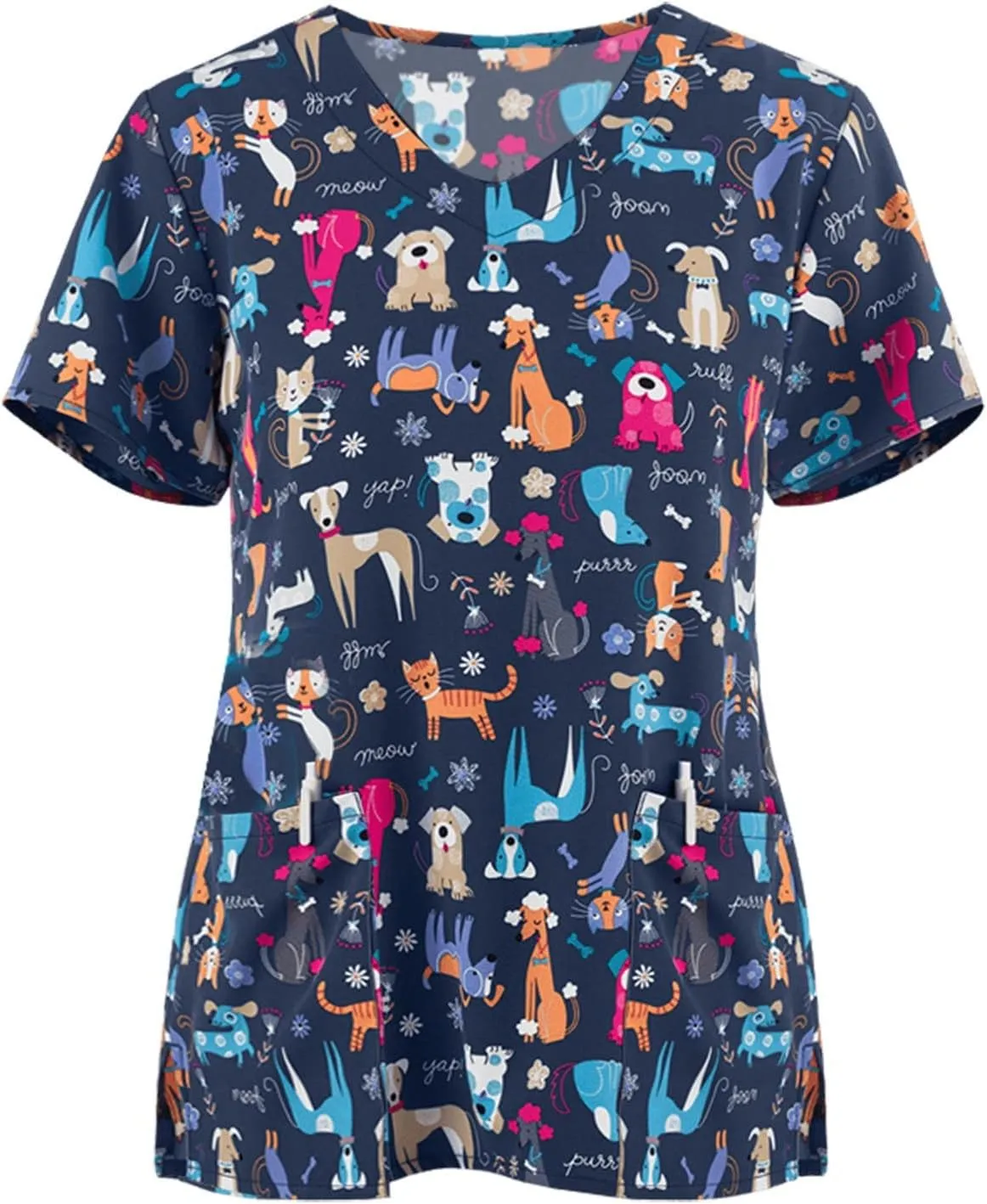 FONMA Scrub Tops Women Summer Fashion Printed Short Sleeve V Neck Nurse Uniform Shirt Loose Fit Workout Blouse with Pockets