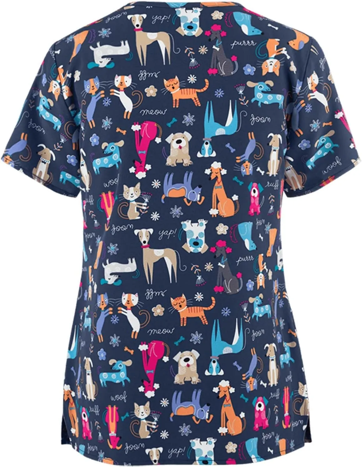 FONMA Scrub Tops Women Summer Fashion Printed Short Sleeve V Neck Nurse Uniform Shirt Loose Fit Workout Blouse with Pockets