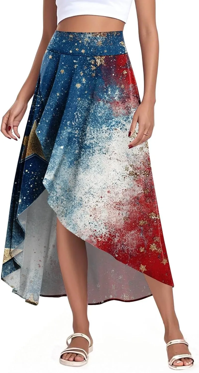 Fourth of July Outfit Women Plus Size Patriotic Cute Stars Striped Vacation Swing Maxi Skirts with Shorts