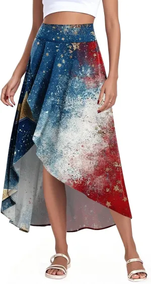 Fourth of July Outfit Women Plus Size Patriotic Cute Stars Striped Vacation Swing Maxi Skirts with Shorts