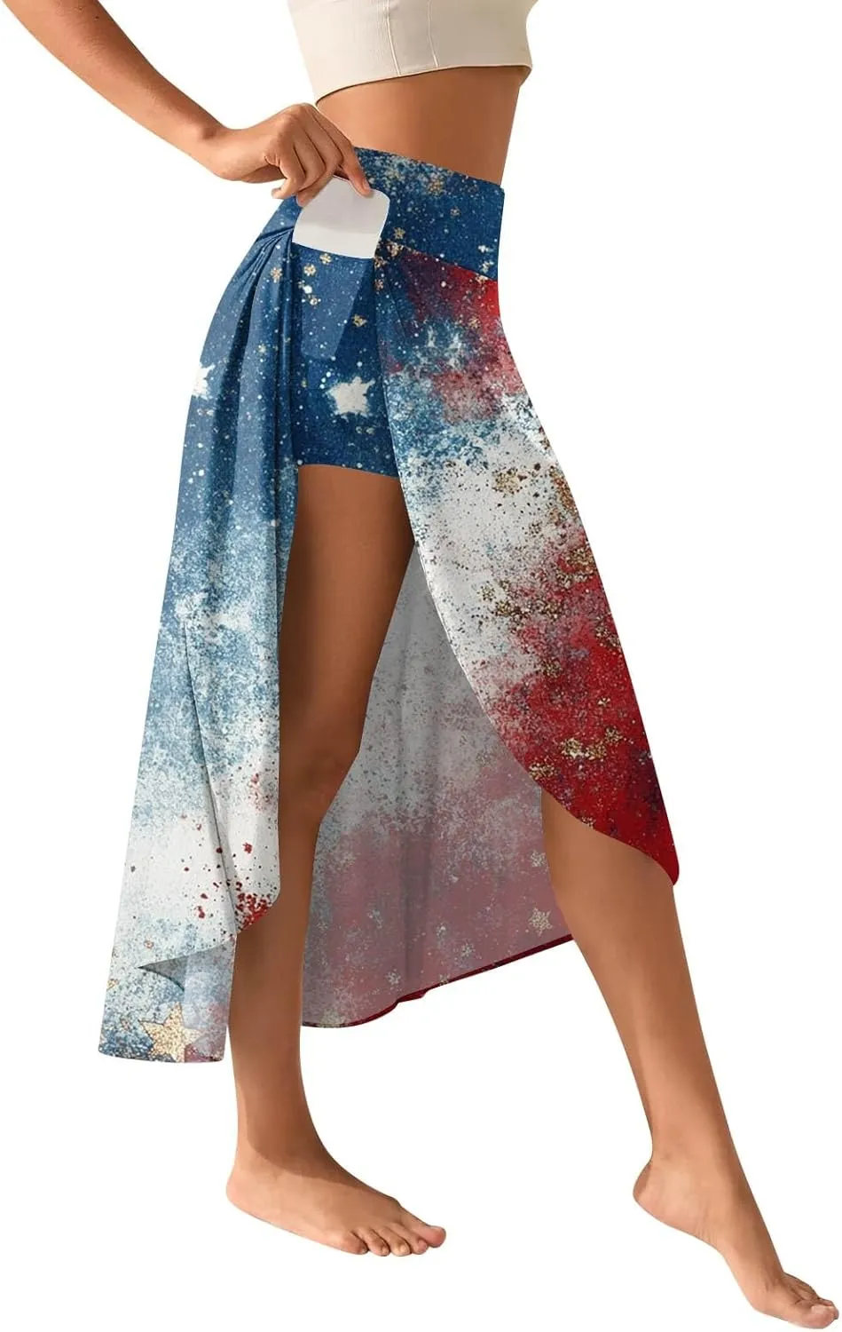 Fourth of July Outfit Women Plus Size Patriotic Cute Stars Striped Vacation Swing Maxi Skirts with Shorts