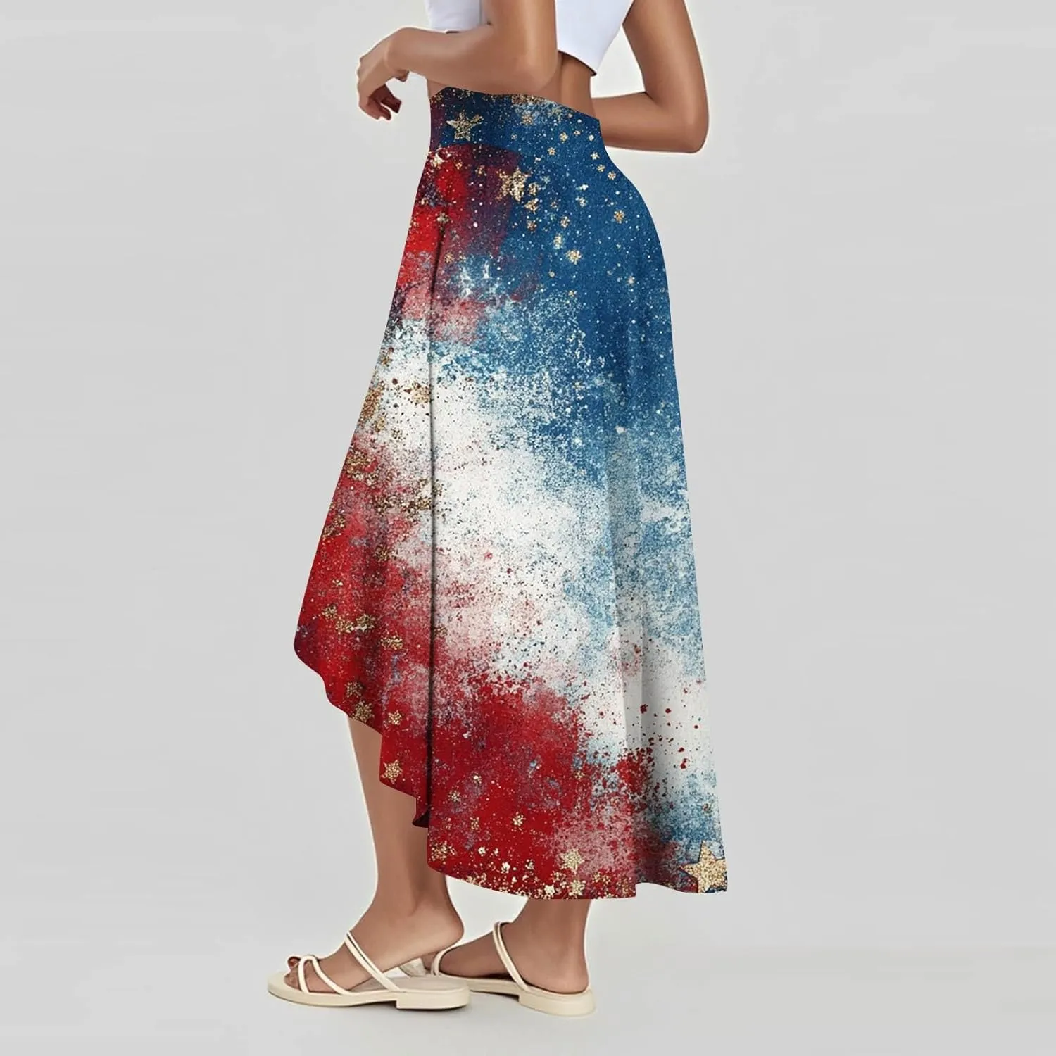Fourth of July Outfit Women Plus Size Patriotic Cute Stars Striped Vacation Swing Maxi Skirts with Shorts