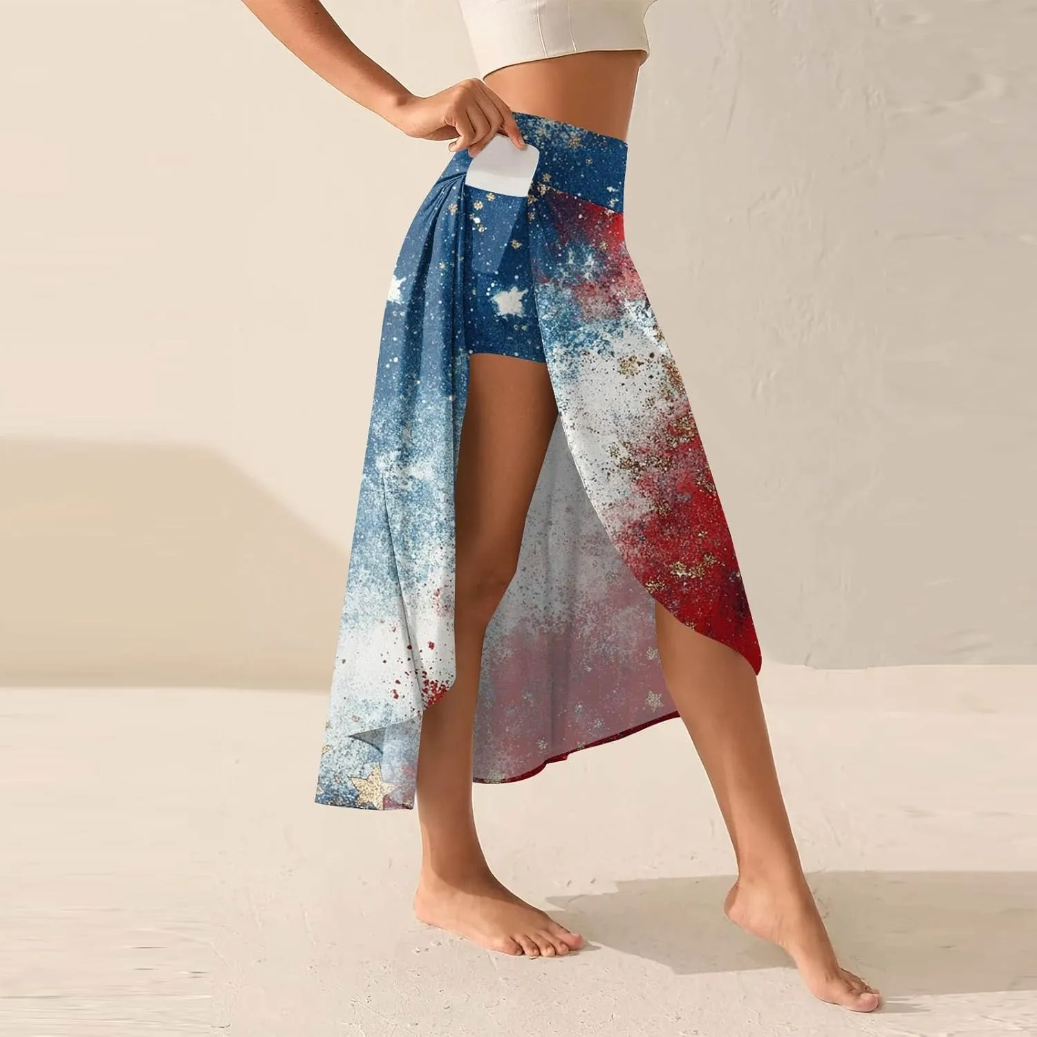 Fourth of July Outfit Women Plus Size Patriotic Cute Stars Striped Vacation Swing Maxi Skirts with Shorts