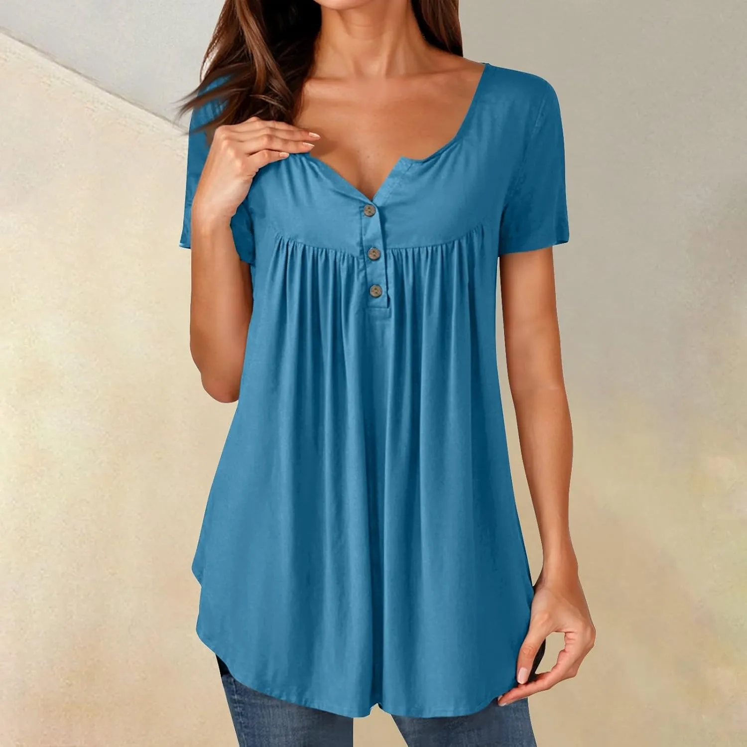 FQZWONG Summer Shirts for Women 2025 Plus Size Short Sleeve Tunic Tops Loose Casual Ladies Crew Neck Button Down Blouses