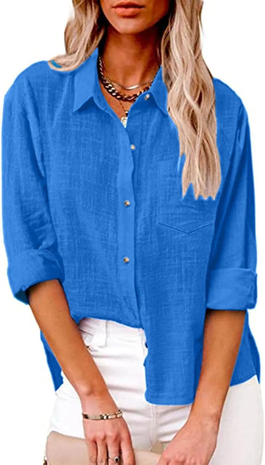FQZWONG Womens Spring Tops 2025 Button Down Shirts for Women Loose Casual Solid Cotton Linen Tshirts Trendy Ladies Blouses