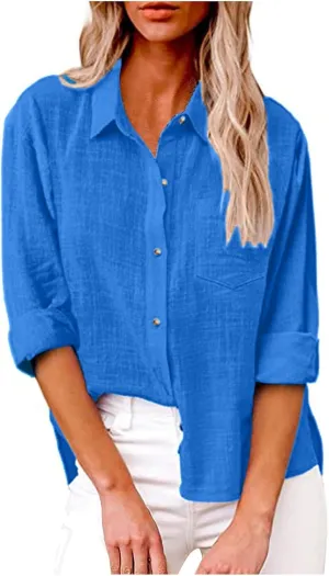 FQZWONG Womens Spring Tops 2025 Button Down Shirts for Women Loose Casual Solid Cotton Linen Tshirts Trendy Ladies Blouses