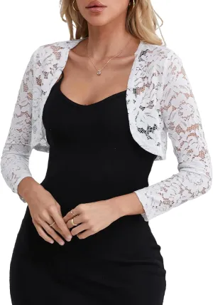 Fuinloth Women's Lace Shrugs, 3/4 Sleeve Bolero Sheer Floral Top Cardigan