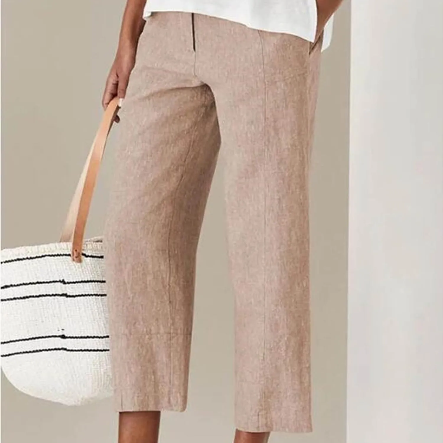 Generic Women's Linen Pants High Waisted Wide Leg Capri Palazzo Pants Relaxed Fit Casual Loose Long Trousers with Pockets